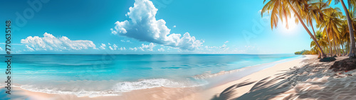 Beautiful tropical beach with white sand and palm trees and the bright sun in the blue sky. Panoramic view. Banner.