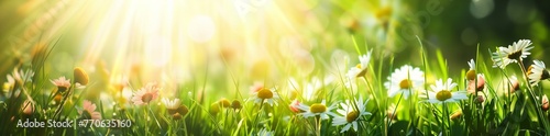 Meadow with daisies and wildflowers in a green grass field, a nature background. Warm sunset sunshine. Banner. © SerPhoto