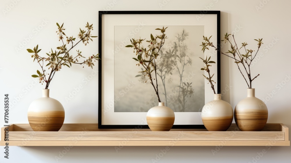 A shelf with a framed picture and four vases. The vases are white and brown and are arranged in a row. The picture is a black and white photo of flowers. The shelf is made of wood A shelf with a framed picture and four vases. The vases are white and brown and are arranged in a row. The picture is a black and white photo of flowers. The shelf is made of wood