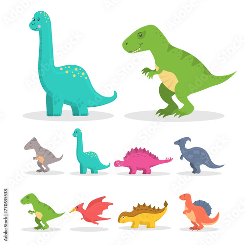 Cute dinosaur  funny ancient brontosaurus and green triceratops. Cartoon dinosaurs icon collection isolated on white background. Flat vector illustration in childish style. 