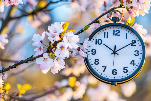 clock with spring flowers Daylight saving time change, often referred to as "spring forward," occurs when clocks are set forward by one hour in the spring to extend daylight hours into the evening.