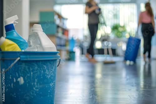 Detergents are placed in a bucket on the floor of an office, with two women cleaning in the background.