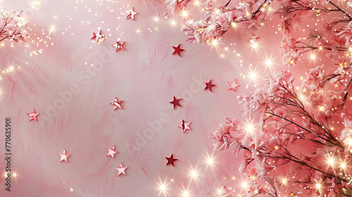 Pink background and cherry blossoms, stars, lights, boke, generative ai