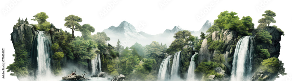 Naklejka premium Cascading waterfalls in a lush green place, cut out