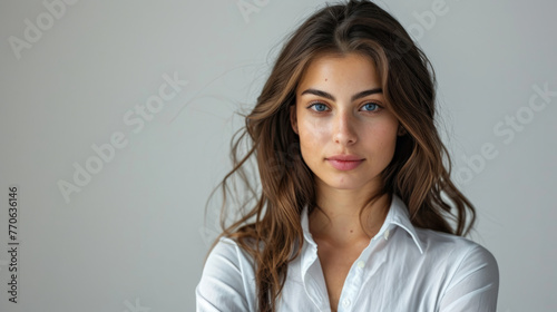 Portrait of a young woman with flowing hair wearing a white shirt, featuring her calm expression and striking blue eyes.