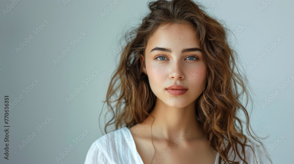 Portrait of a young woman with wavy hair and blue eyes, wearing a white top against a light background. Portrait of a young woman with wavy hair and blue eyes, wearing a white top against a light background.