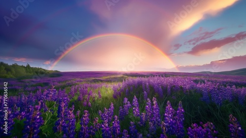 A vivid rainbow arches over a field of purple lavender under a dramatic sky at dusk.