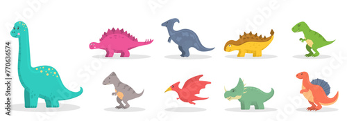 Cute dinosaur, funny ancient brontosaurus and green triceratops. Cartoon dinosaurs icon collection isolated on white background. Flat vector illustration in childish style. 