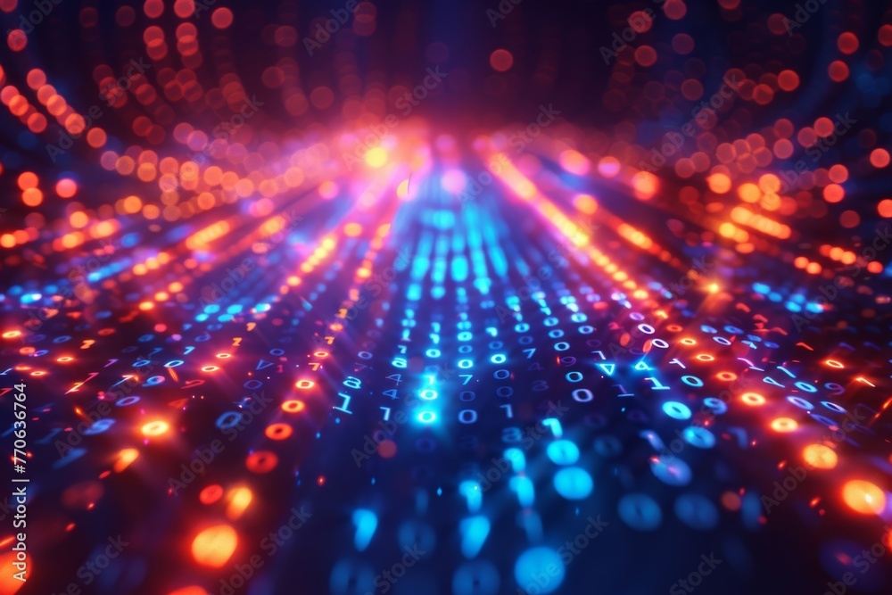 Representation of online security with a digital display featuring binary code flowing across a computer screen illuminated by colorful lights. Representation of online security with a digital display featuring binary code flowing across a computer screen illuminated by colorful lights.