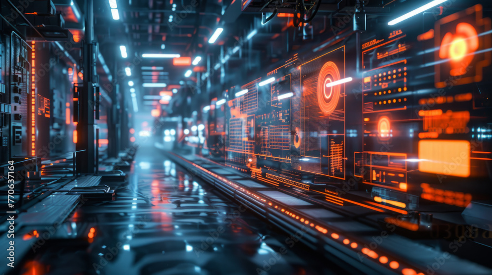 Futuristic data center with advanced server racks and holographic interfaces displaying digital information. Bright neon lights reflect on the sleek floor - obrazy, fototapety, plakaty 