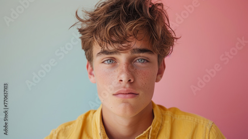 Portrait of a young male with tousled hair and freckles, wearing a yellow shirt, against a dual-toned pink and blue background.