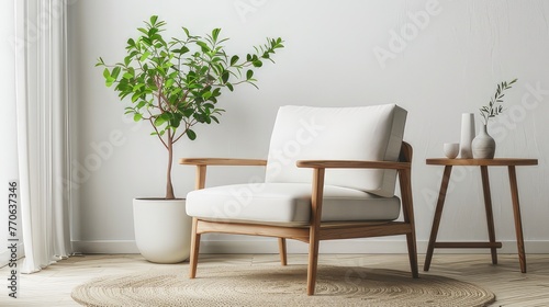 Scandinavian Serenity Modern Living Room with Armchair and Wooden Small Coffee Table in Sleek Scandinavian Furniture Design, Clean Lines and Cozy Elegance 