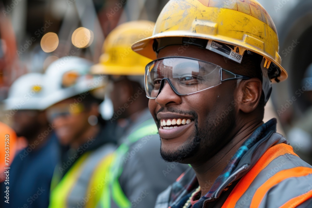 A group of multi-ethnic workers at a construction site wearing hard hats, safety glasses, and reflective clothing, smiling and conversing A group of multi-ethnic workers at a construction site wearing hard hats, safety glasses, and reflective clothing, smiling and conversing