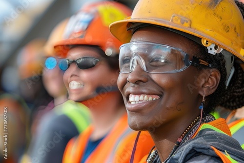 A group of multi-ethnic workers at a construction site wearing hard hats, safety glasses, and reflective clothing, smiling and conversing