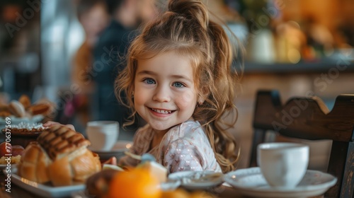 A Happy Beautiful Cute Girl Having Breakfast With Her Family In The Kitchen