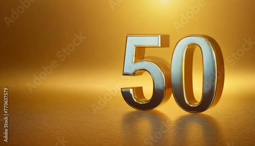 Golden number 50 on golden background with gradient and copy space. 3D rendering.