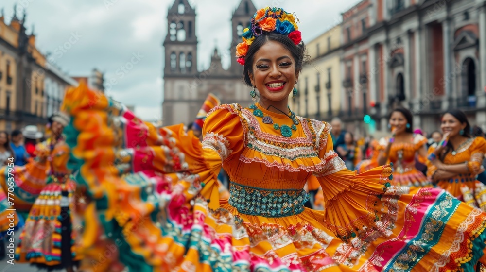 Traditional Mexican dancers in vibrant costumes perform at Basilica square in Mexico City during a religious festival, celebrating cultural heritage