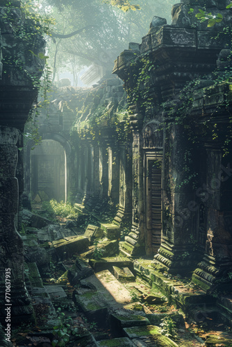 An ethereal forest scene with ancient ruins  light filters through the canopy onto the overgrown stone structures and scattered debris.
