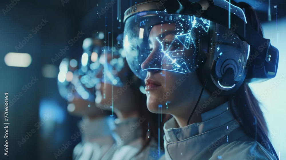 An individual in futuristic virtual reality gear with illuminated graphics overlaying the face, suggestive of high-tech software interaction or advanced gaming experience. An individual in futuristic virtual reality gear with illuminated graphics overlaying the face, suggestive of high-tech software interaction or advanced gaming experience.