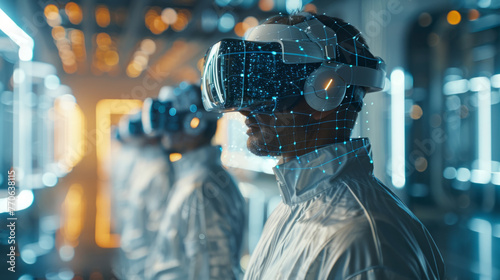 Side profile of a person in a futuristic laboratory setting wearing a virtual reality headset with holographic projection. The individual is dressed in protective lab attire photo