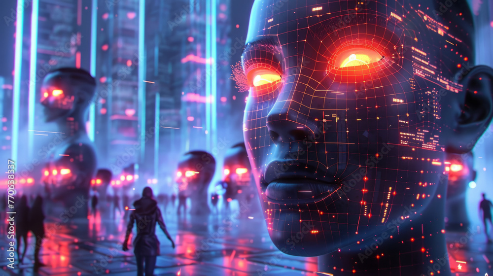Futuristic cityscape with holographic human-like faces and illuminated neon structures, people walking through a high-tech urban setting under a glowing skyline.