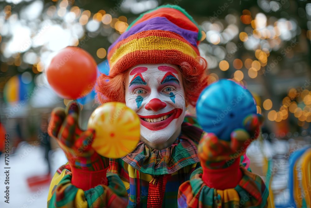 Friendly adult clown outdoors on a winter day. Generative AI.