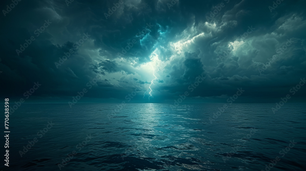 Ominous ocean landscape under stormy skies with lightning bolt illuminating the dark waters, depicting a dramatic natural scene