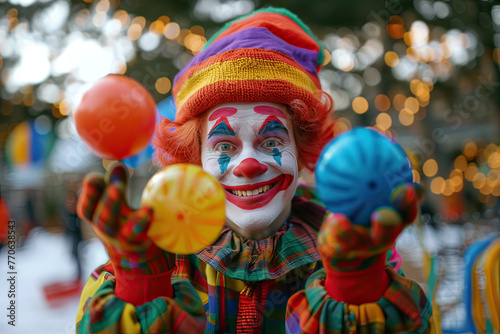 Friendly adult clown outdoors on a winter day. Generative AI.
