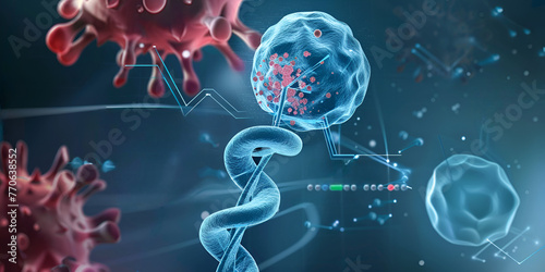 Human cell biology dna strands and virus molecular structure, 3d rendered illustration of a virus in the background photo