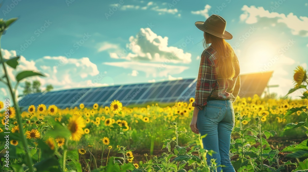 Fototapeta premium Engineering farmer using solar energy from solar panels to power systems in fields
