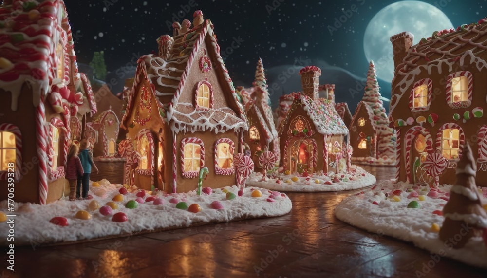 Fototapeta premium A charming gingerbread village under a moonlit sky, with intricate candy details on the houses, creating a magical holiday atmosphere.