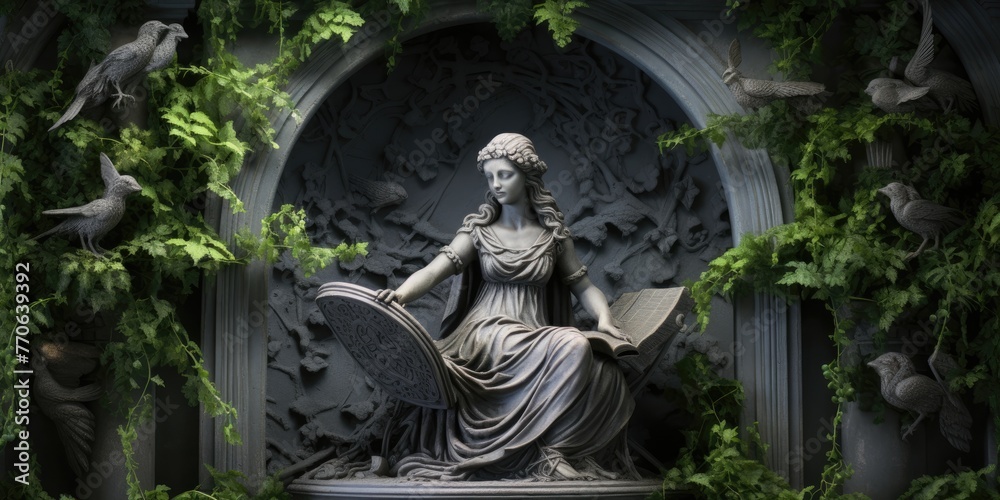 Serenity emanates from the statue of a woman reading a book, embraced by the tranquility of verdant greenery. Serenity emanates from the statue of a woman reading a book, embraced by the tranquility of verdant greenery.