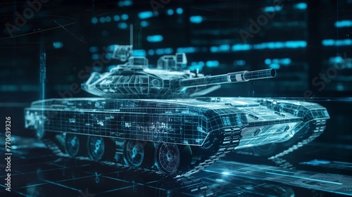 Holographic outline of a tank with digital interface background, illustrating advanced technology in military design.