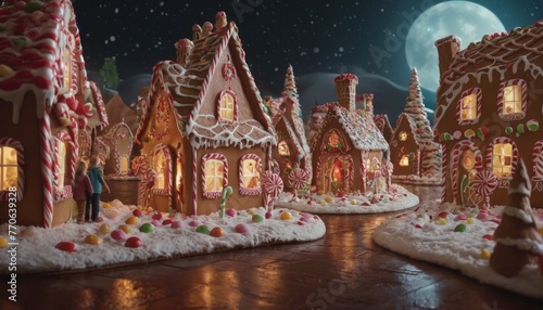 A charming gingerbread village under a moonlit sky, with intricate candy details on the houses, creating a magical holiday atmosphere.
