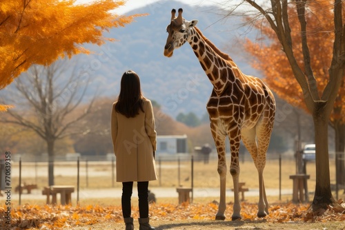 a couple on a safari, featuring a majestic giraffe in the backdrop.The image should emanate a sense of adventure and wonder photo