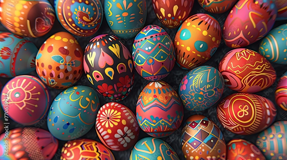 Easter day background with painted eggs with colorful pattern, Generative Ai Easter day background with painted eggs with colorful pattern, Generative Ai