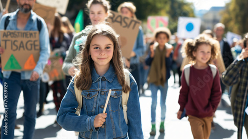 A protest march for climate action with people of all ages holding signs demanding policy changes and sustainability. photo