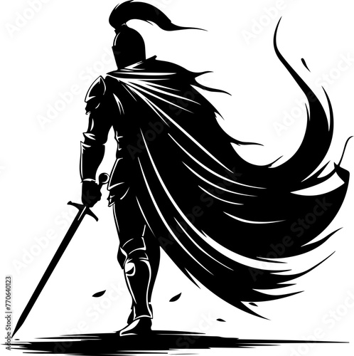 A bold silhouette of a medieval knight in armor, standing guard with a spear, perfect for historical themes and fantasy illustrations.