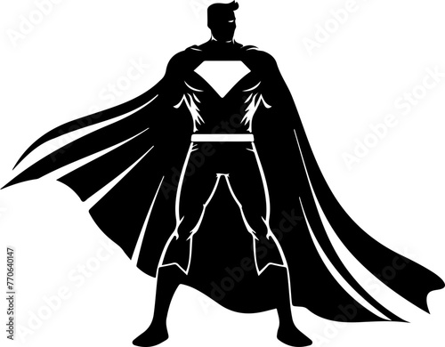 A dynamic silhouette of a brooding superhero with a prominent cape, ideal for comic book art and hero-themed designs.