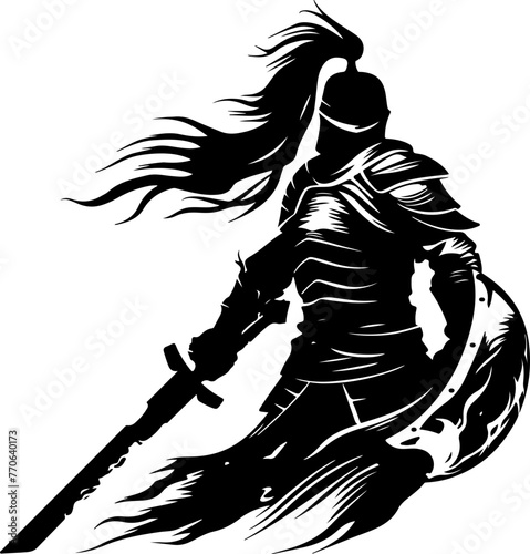 A bold silhouette of a medieval knight in armor, standing guard with a spear, perfect for historical themes and fantasy illustrations.