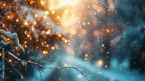 Snowfall in winter, warm light, blurred background