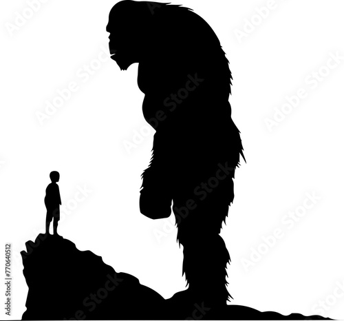 In this striking black and white image, a child stands in awe of a towering giant's silhouette against a bright background, evoking a sense of wonder and the endless possibilities of imagination. Idea
