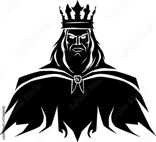 A striking black and white silhouette of a majestic king with a crown and royal attire, perfect for themes of leadership and fantasy.