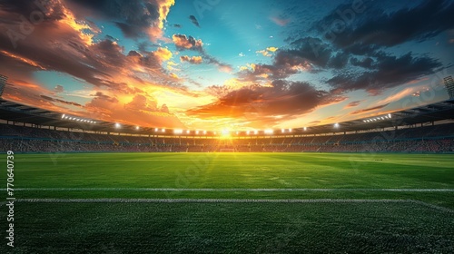 Soccer field stadium with illumination, green grass, and cloudy sky