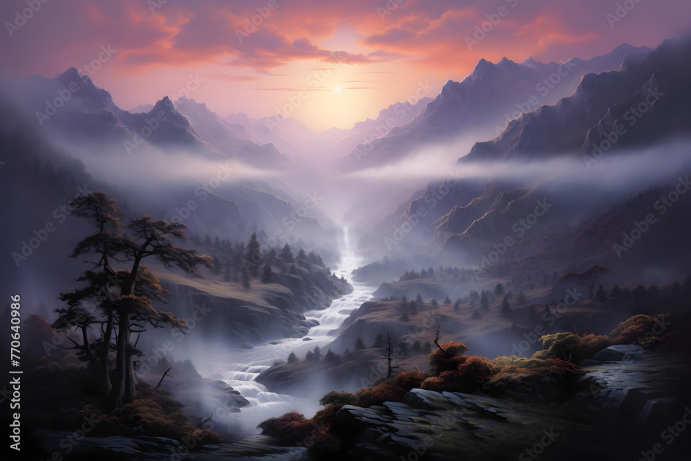 Misty Valley at Dusk Painting