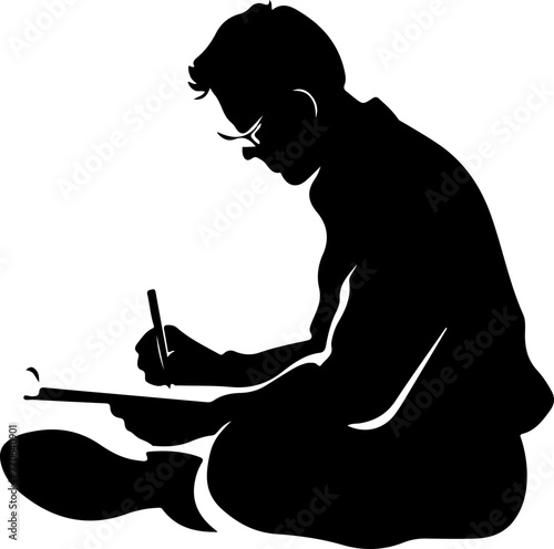 This bold silhouette captures a writer deeply engrossed in thought, pen to paper, perfect for depicting creativity, authorship, and intellectual labor.
