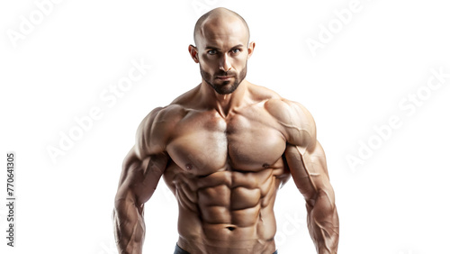 Muscular male model posing shirtless in studio  showcasing strong physique and defined abs
