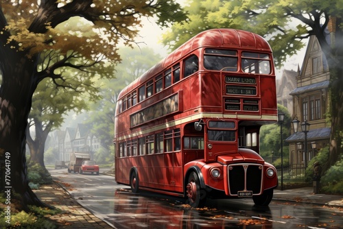 red double decker bus navigating through the streets of england, with a classic red phone booth in the background photo