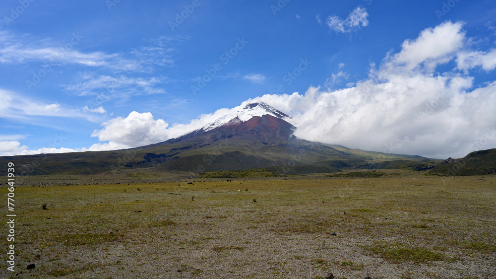 Cotopaxi volcano in Ecuador, South America, mountain with a snow summit, beautiful volcanic landscape  