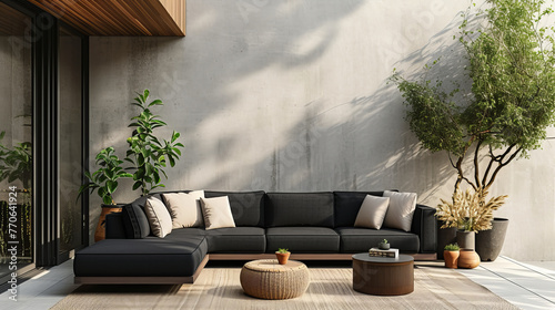 Fototapeta Naklejka Na Ścianę i Meble -  Outdoor living room and black sofa with white pillows wall background, backyard